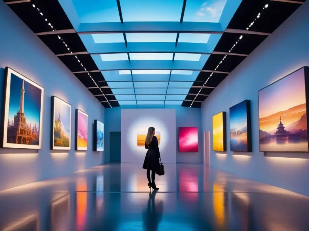 Una galería de arte futurista en realidad virtual con exhibiciones vibrantes y obras surrealistas flotando en un espacio onírico