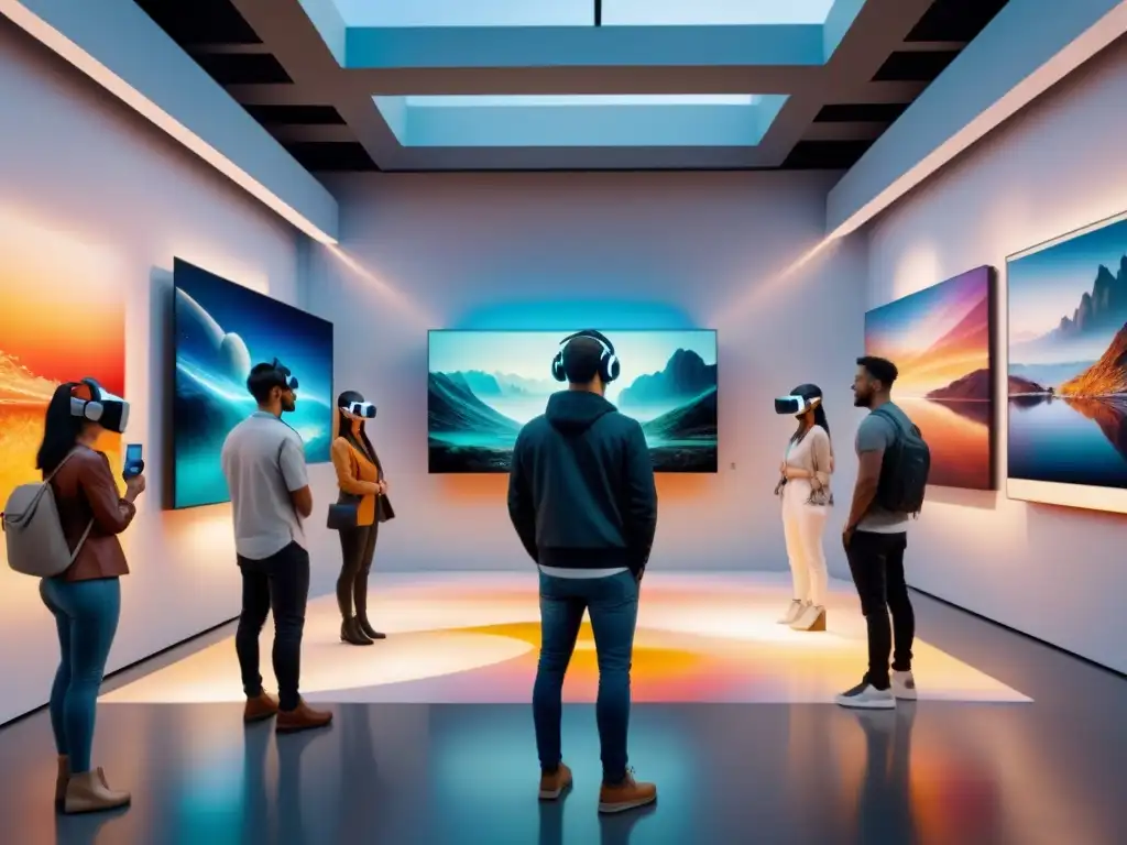 Una galería de arte futurista con sinergia entre arte digital y físico, donde los visitantes interactúan con las obras