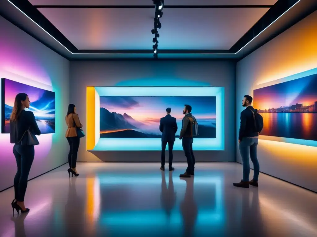 Una galería de arte futurista con tecnología en gestión arte contemporáneo y obras vanguardistas en exhibición, iluminada en colores suaves