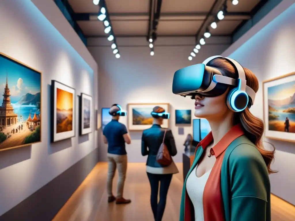 Una galería de arte llena de vida, donde la realidad virtual se fusiona con la creatividad