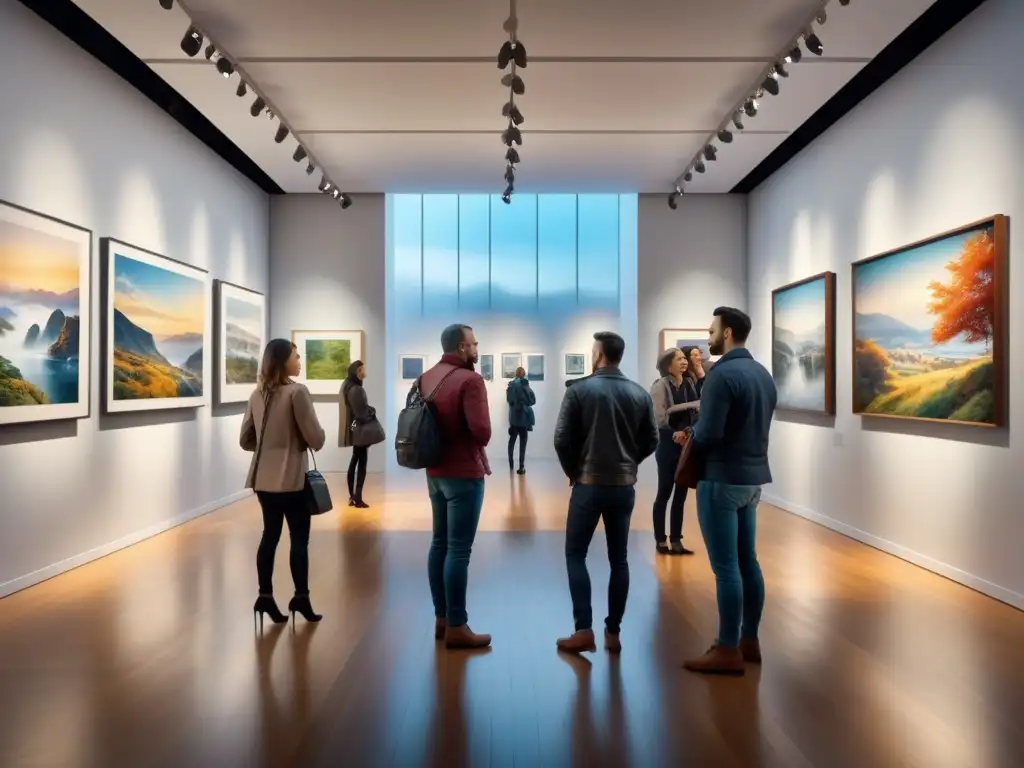 Una galería de arte llena de visitantes diversos admirando fotografías inspiradoras exposiciones arte visual