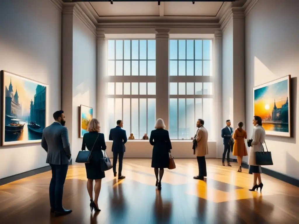 Una galería de arte modernista bulliciosa, con visitantes admirando pinturas abstractas bajo la luz del sol
