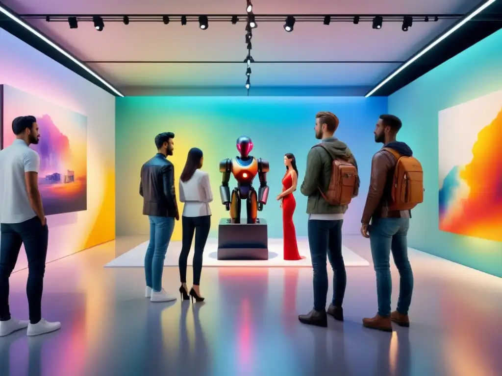 Una galería de arte moderno con esculturas futuristas y tecnología de impresión 3D