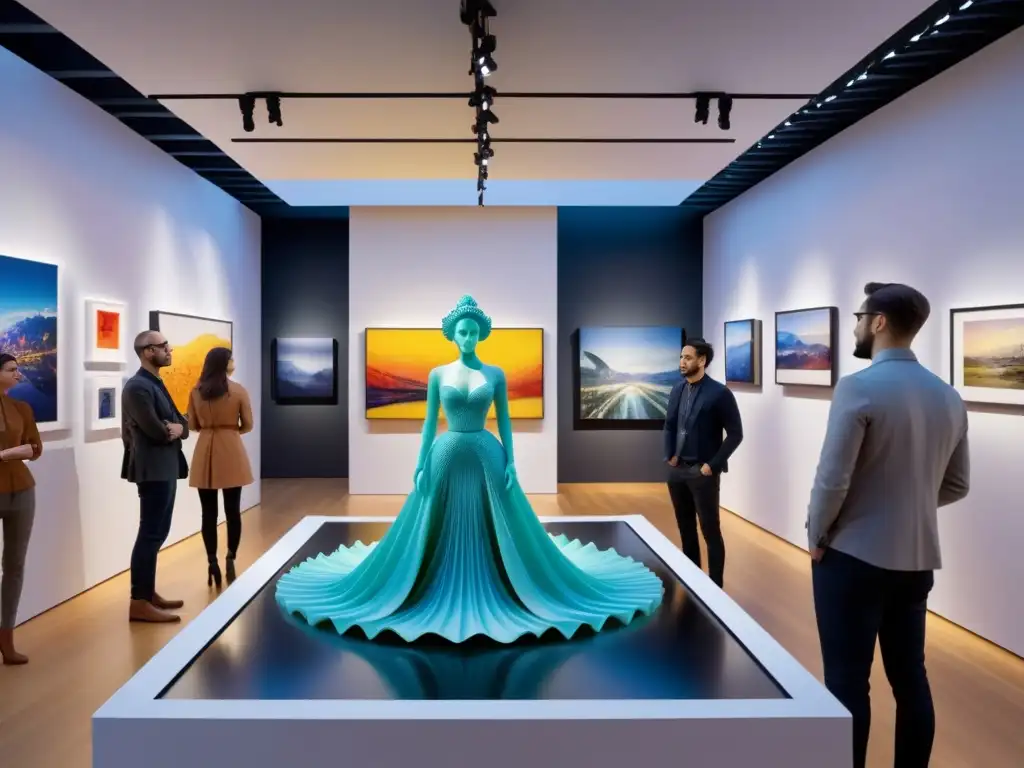 Una galería de arte moderno llena de esculturas e instalaciones 3D junto a proyecciones digitales vibrantes