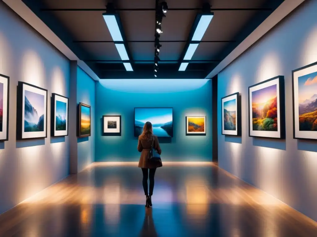 Una galería de arte moderno llena de NFTs vibrantes que fusionan arte tradicional y digital, reflejando la preservación cultural