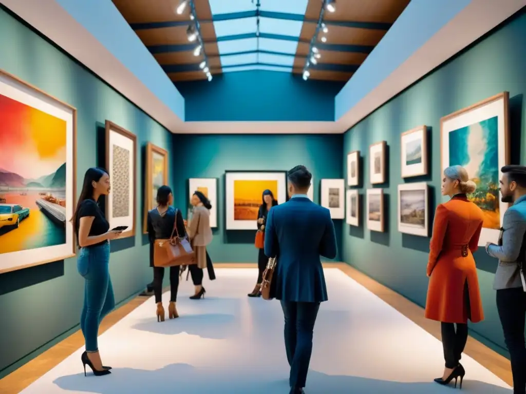 Una galería de arte postmodernista rebosante de color y movimiento, donde los visitantes interactúan con las obras y las comparten en Instagram