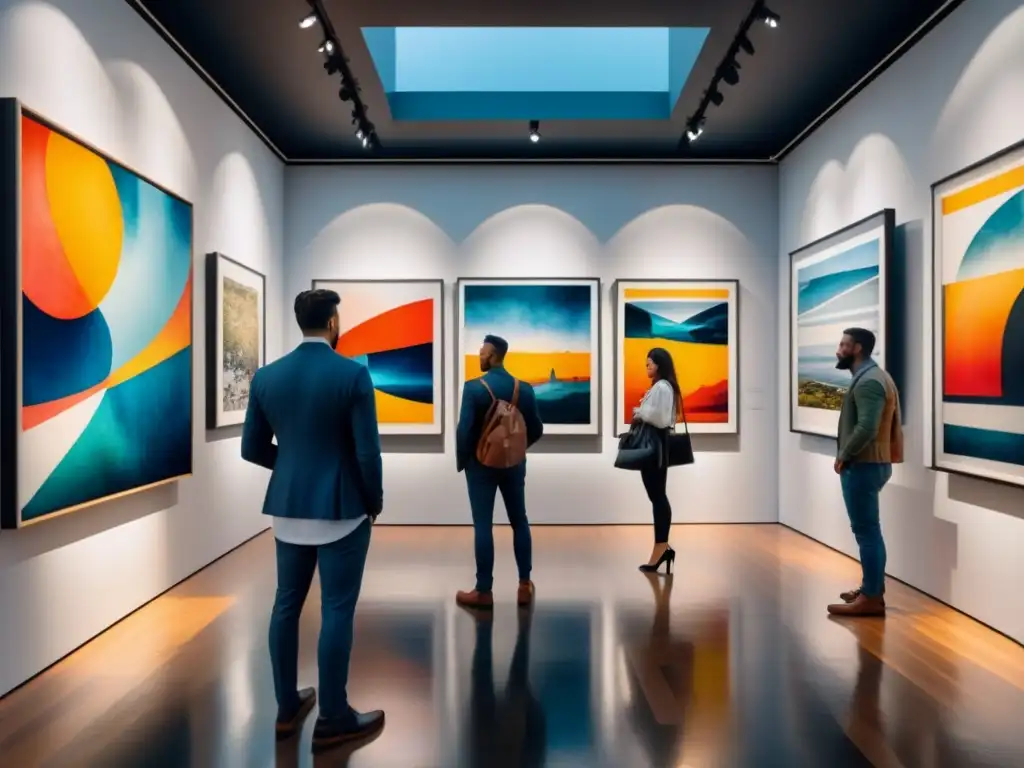 Galería de arte postmodernista con vibrantes colores y formas abstractas, visitantes admirando obras con intriga y contemplación