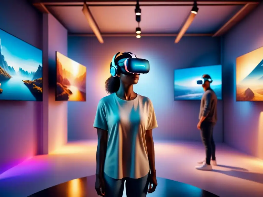 Una galería de arte en realidad virtual llena de obras surrealistas vibrantes flotando en un espacio digital, inmersos en la experiencia