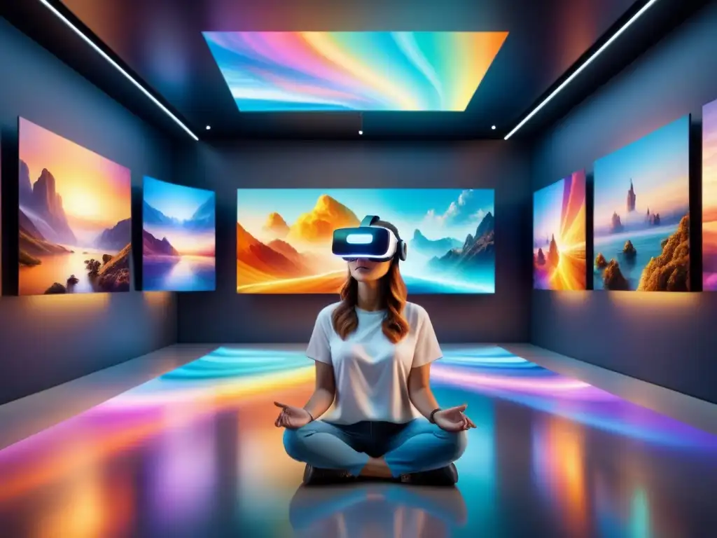 Una galería de arte en realidad virtual llena de esculturas futuristas vibrantes en un ambiente etéreo