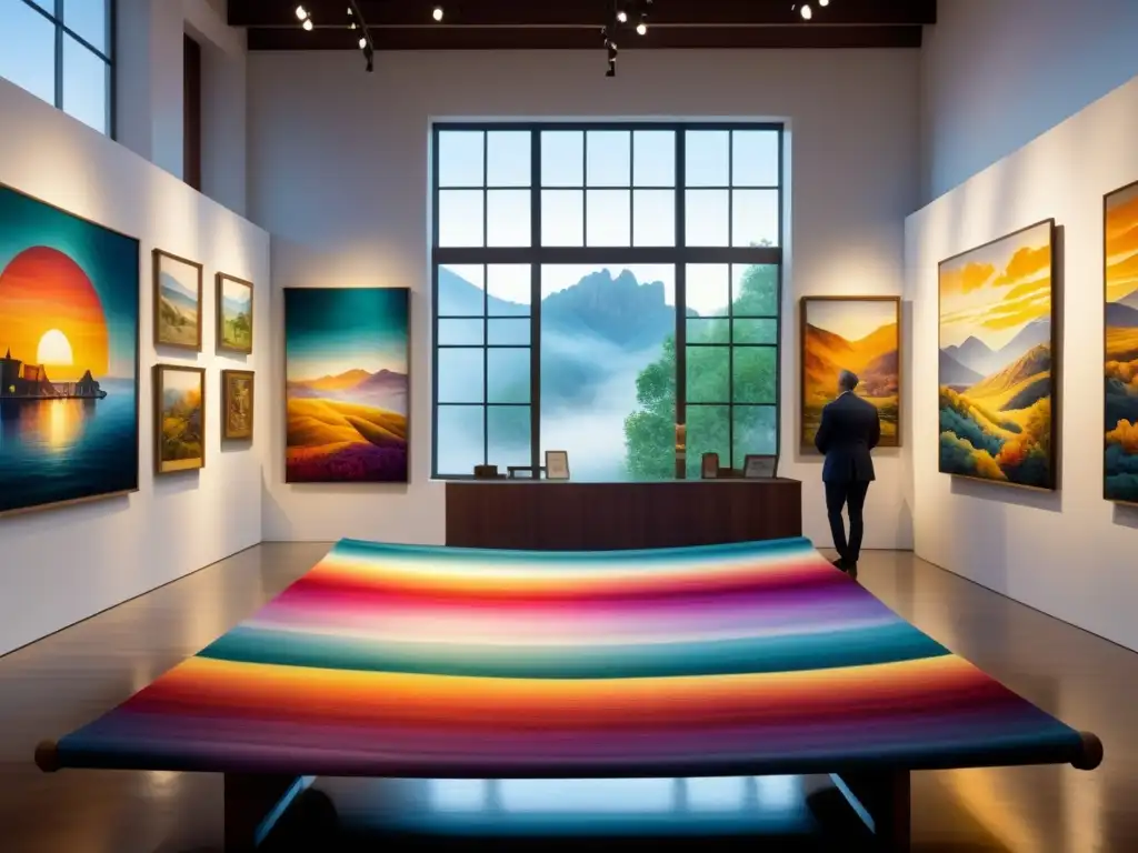 Una galería de arte textil en América del Norte llena de coloridos tapices, visitantes admirando las obras con pasión