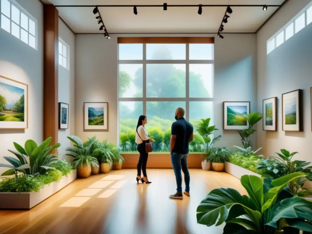 Galera de arte vibrante: visitantes y obras diversas en acuarela Una galería de arte con variadas obras y visitantes en profundas conversaciones, rodeados de plantas y luz natural