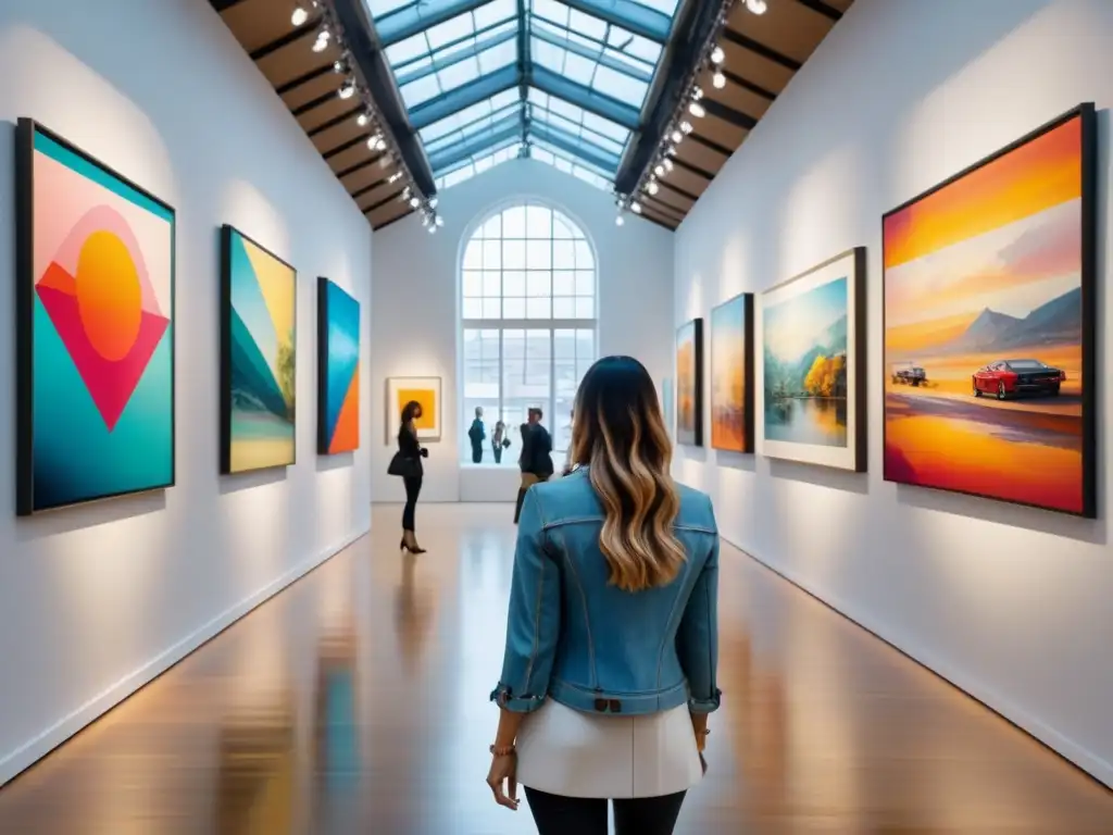 Una galería de arte vibrante y diversa con visitantes de todas las edades y fondos, iluminada por luz natural