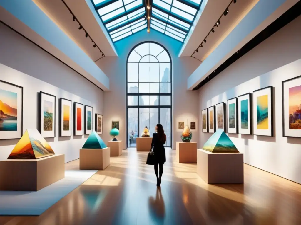 Una galería de arte vibrante con obras diversas y coloridas, promocionando artistas emergentes en Realidad Aumentada