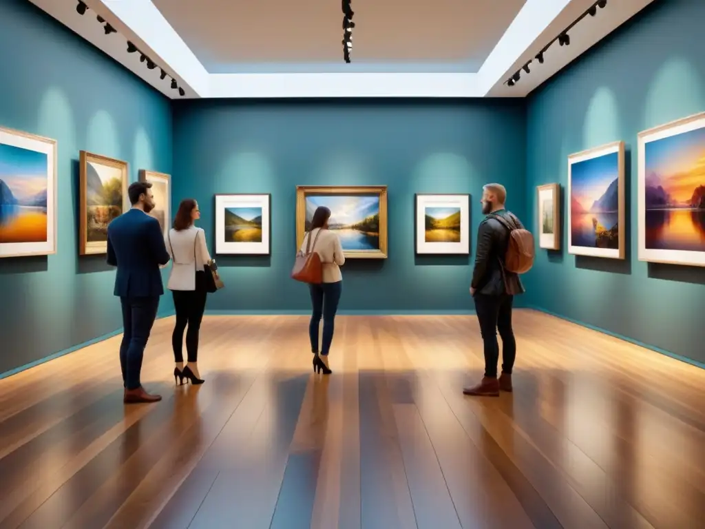 Una galería de arte vibrante con obras y arte digital con realidad aumentada, fusionando lo tradicional y lo moderno