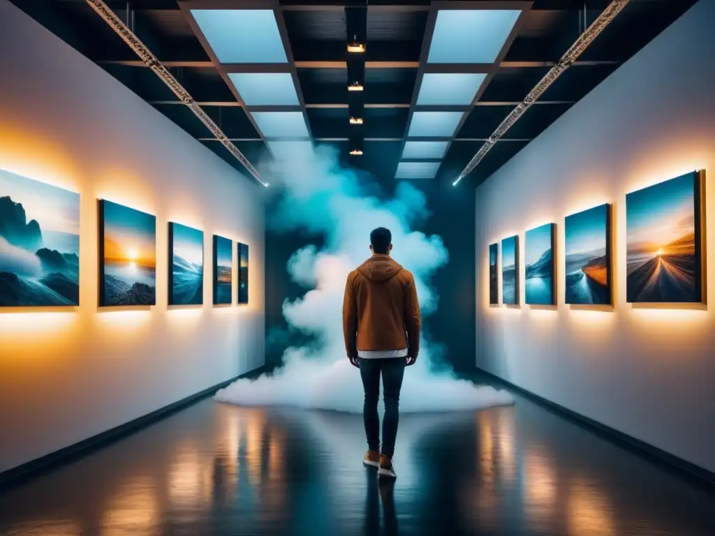 Una galería de arte vibrante con pinturas abstractas y surrealistas, donde se entrelazan datos digitales, simbolizando el impacto del big data en arte