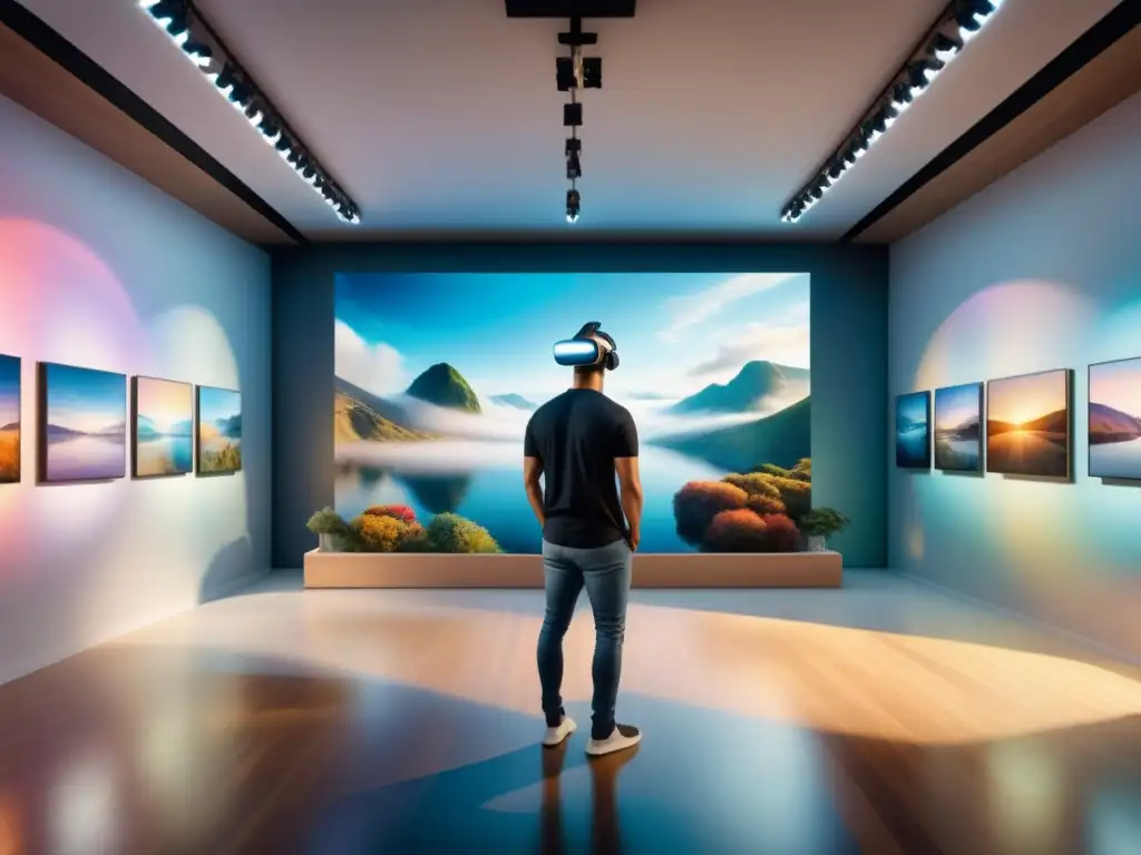 Una galería de arte virtual detallada con obras vibrantes en la pared y un visor de realidad virtual en primer plano