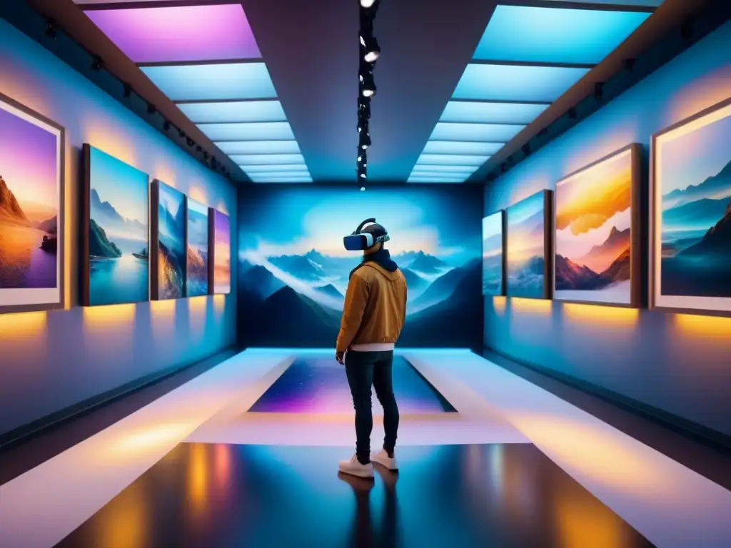 Una galería de arte virtual en exposiciones globales con obras surrealistas flotando en un espacio digital lleno de luz y color