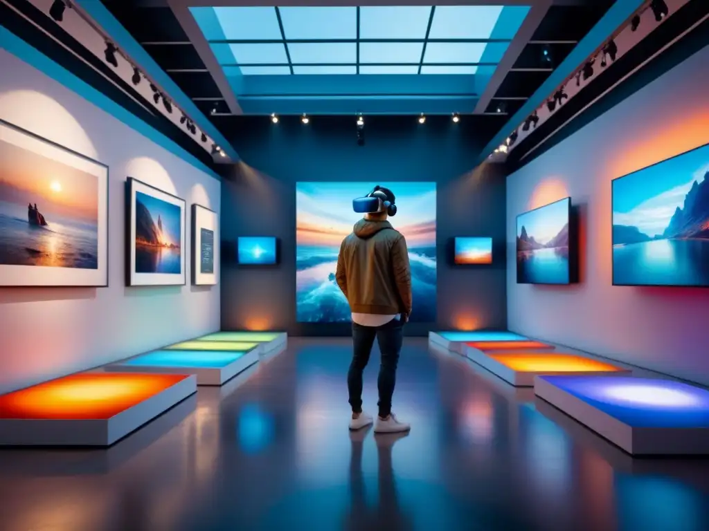 Una galería de arte virtual en exposiciones globales, con obras vibrantes y diversidad artística en un espacio futurista y envolvente