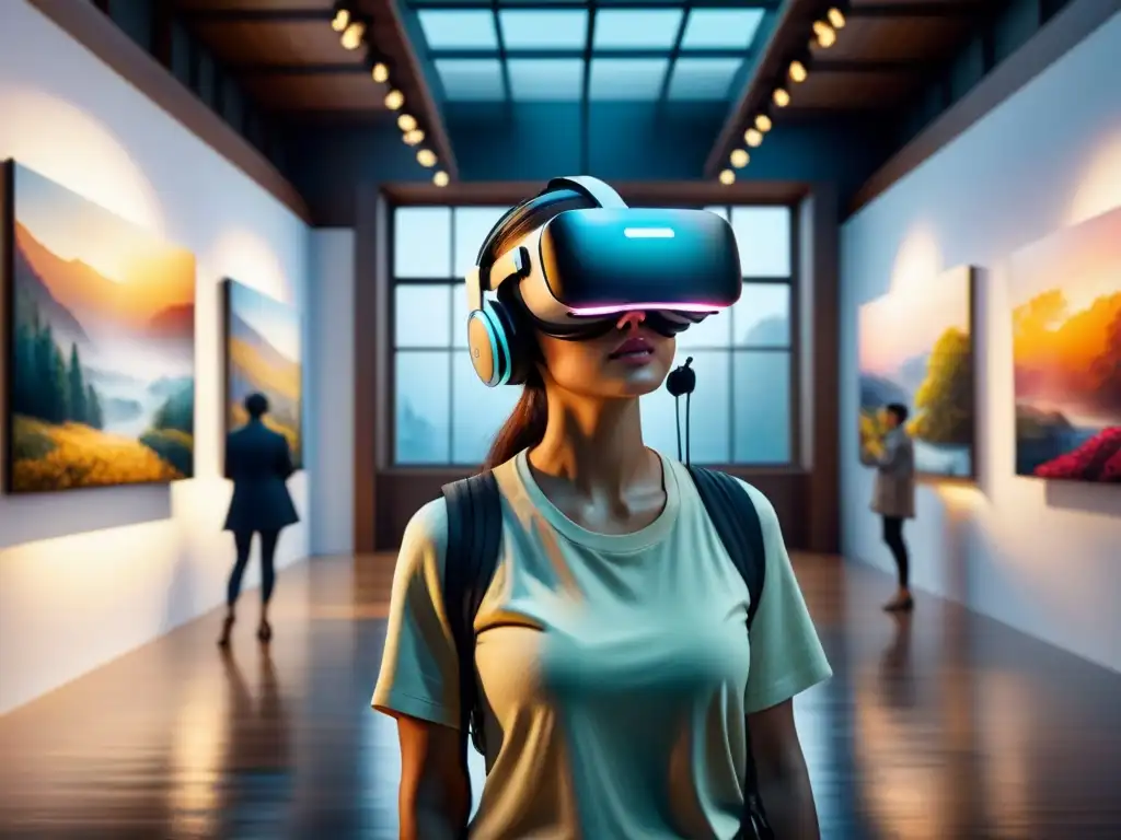 Una galería de arte virtual llena de obras abstractas y visitantes con visores de realidad virtual, exudando exploración arte visual en línea