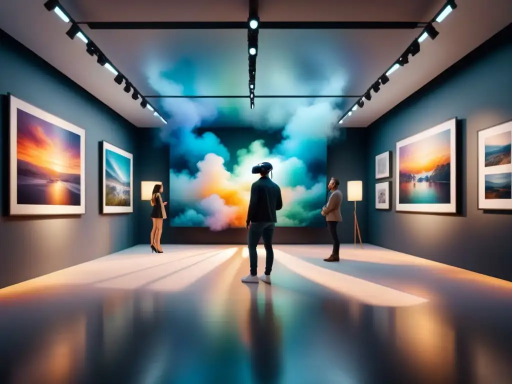 Una galería de arte virtual con obras abstractas flotantes