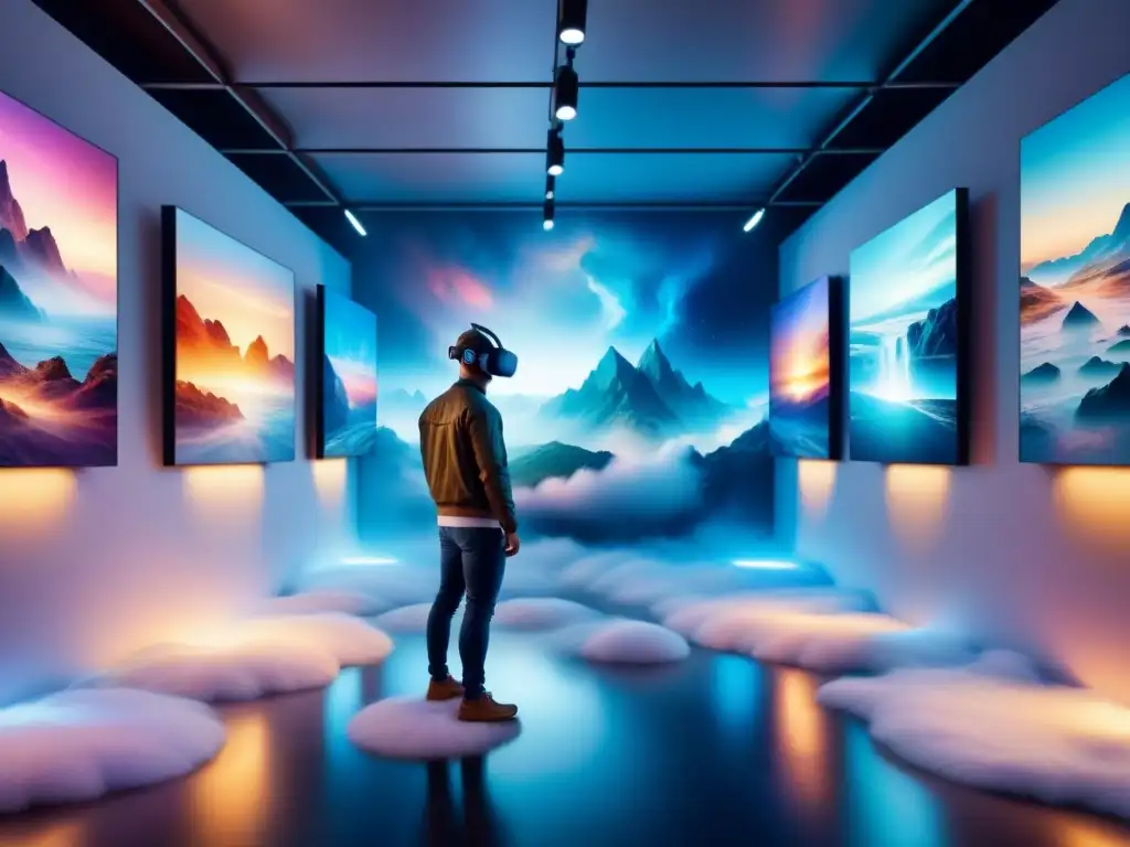 Una galería de arte virtual vibrante con obras surrealistas y futuristas en acuarela detallada en 8k, iluminada suavemente