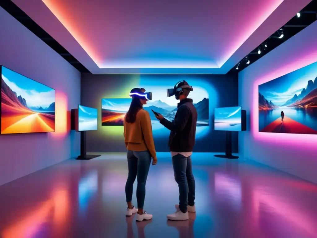 Una galería futurista con arte digital interactivo y visitantes usando visores de realidad virtual