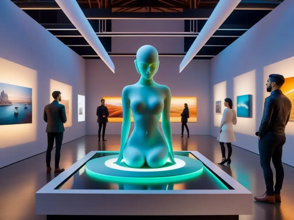 Una galería futurista con impacto arte visual impresión 3D, esculturas y arte digital vibrante en iluminación etérea