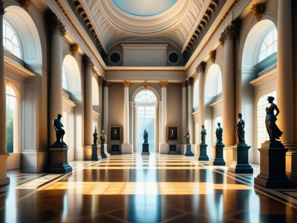 Una galería neoclásica llena de estatuas y columnas, con luz suave resaltando detalles de las esculturas y visitantes admirando obras clásicas