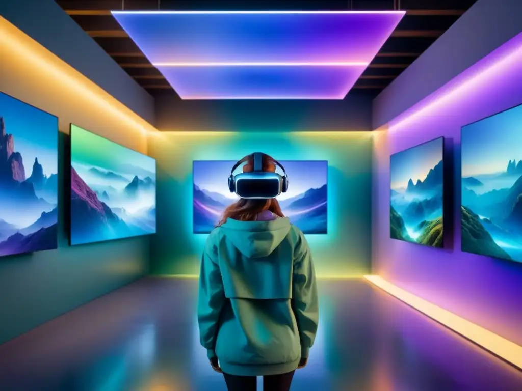 Una galería virtual futurista con arte contemporáneo en tonos azules, morados y verdes, iluminada de manera etérea