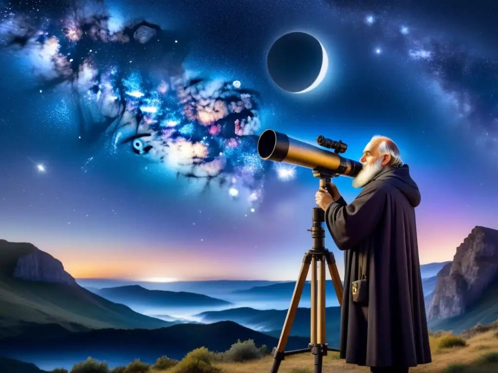 Galileo Galilei observa el cielo estrellado con asombro en una pintura acuarela detallada