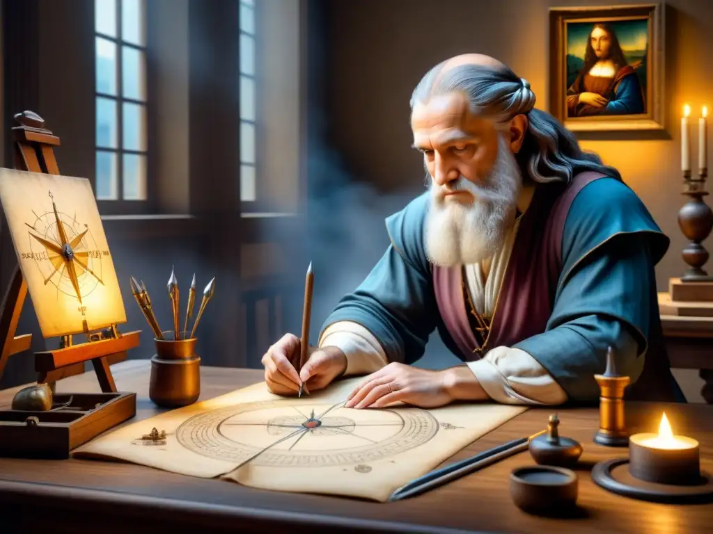 El genio de Leonardo da Vinci dibujando al Hombre de Vitruvio, rodeado de herramientas renacentistas en su taller iluminado por velas