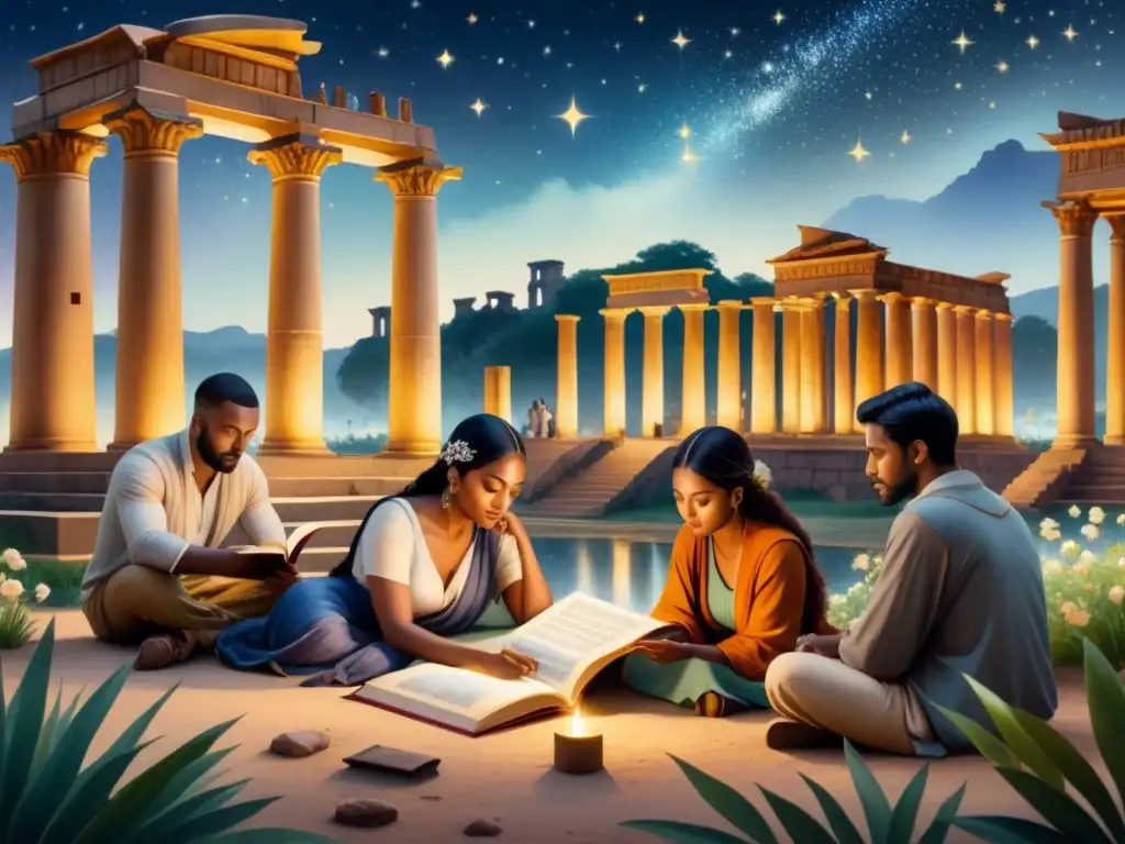 Poesía Romántica bajo las Estrellas: Diversidad Cultural en Acuarela Un jardín global de influencias del Romanticismo: personas de diversas culturas crean poesía bajo un cielo estrellado