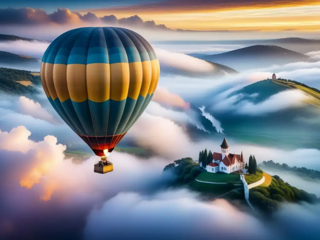 Un globo aerostático majestuoso flotando en el cielo con una hermosa salida del sol, capturando perspectivas únicas desde el aire