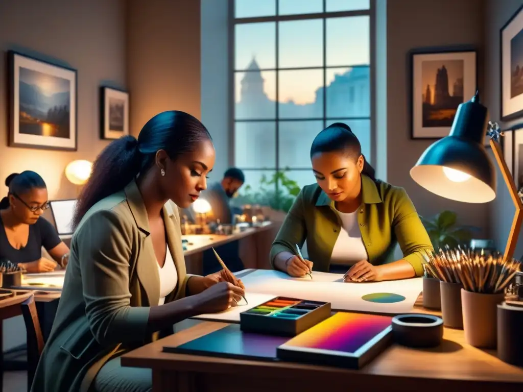 Un grupo de artistas emergentes enfrentando la adversidad bélica, creando con pasión en un cuarto iluminado, rodeados de arte y determinación