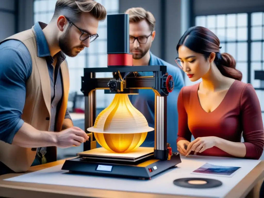 Grupo de artistas admirando escultura de Venus en impresión 3D