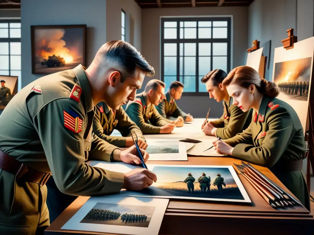 Un grupo de artistas en un estudio sombrío, dibujando siluetas de soldados en la guerra, reflejando determinación y desesperanza