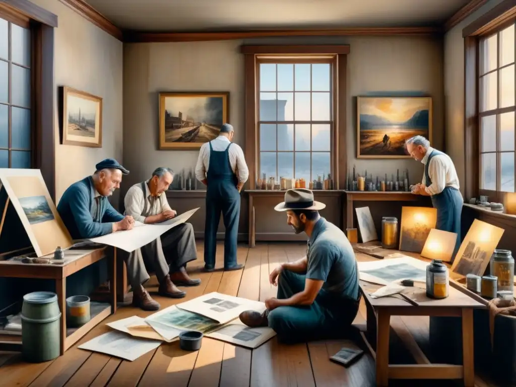 Artistas en la Gran Depresión: Emoción y Resistencia Grupo de artistas en la Gran Depresión luchando con obras inconclusas y tubos de pintura vacíos