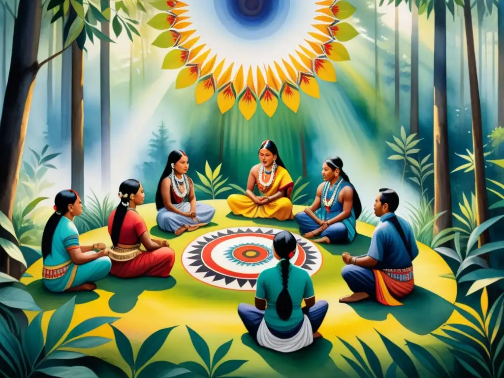 Grupo de artistas indígenas creando arte espiritual tradicional en el bosque, resplandeciendo colores y patrones en acuarela