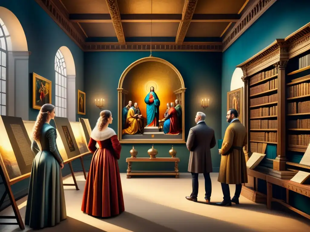 Un grupo de artistas manieristas crean iconografía religiosa en una sala iluminada con dramáticas sombras