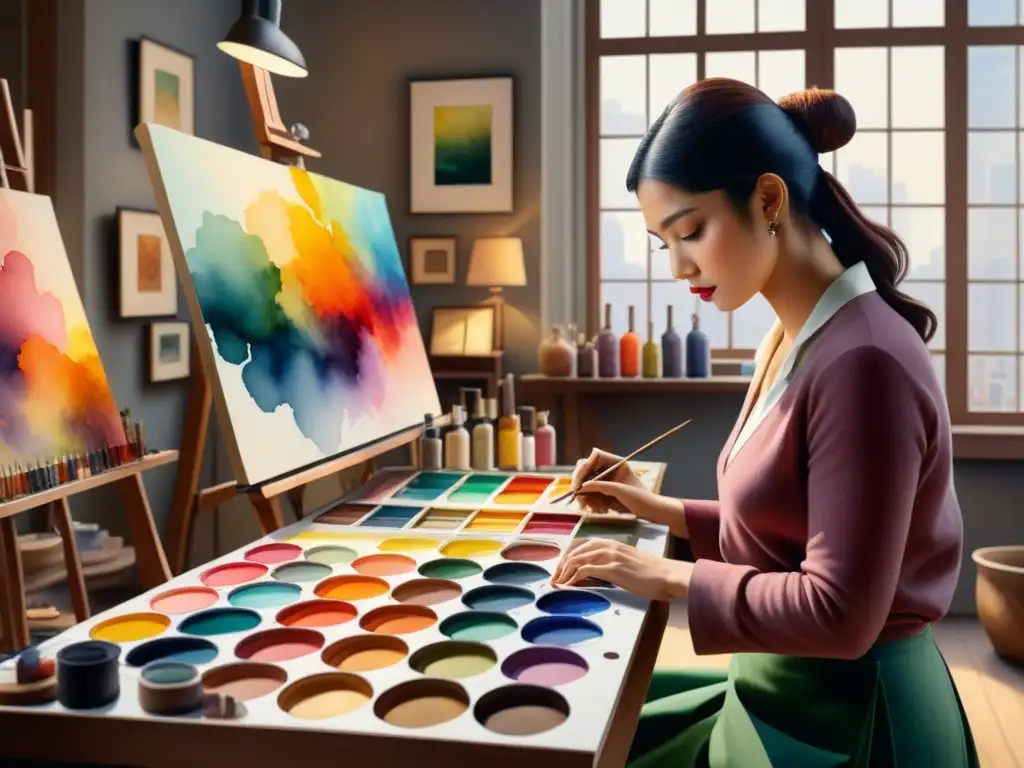 Grupo de artistas meticulosos mezclando colores en paletas en un estudio iluminado, reflejando el análisis paletas arte manierismo