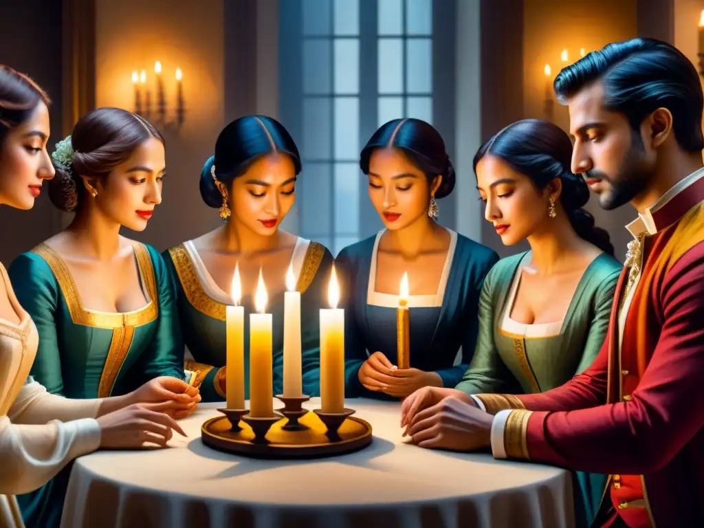 Grupo de artistas debatiendo sobre el origen del Romanticismo en arte junto a una vela en una habitación iluminada por velas