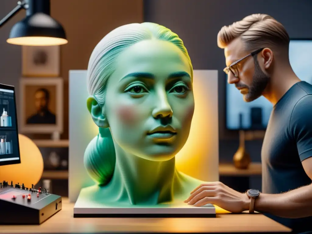 Un grupo de artistas pioneros creando retratos personalizados en impresión 3D con innovación y precisión en su estudio moderno