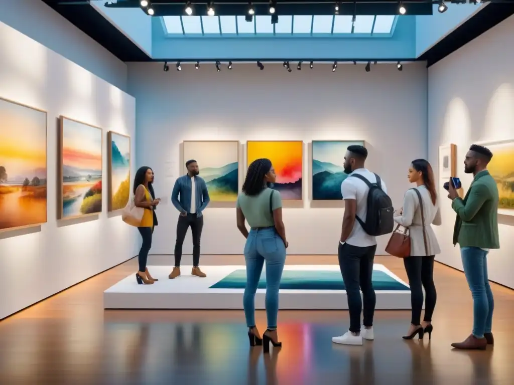 Un grupo de millennials disfruta de una colección de arte visual en una galería moderna, asombrados y contemplativos