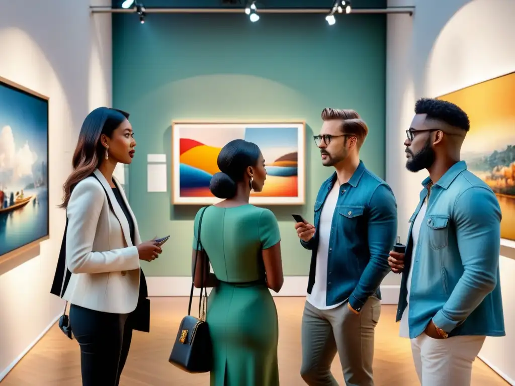 Un grupo de críticos de arte debatiendo la importancia crítica del arte contemporáneo en una galería llena de obras vibrantes