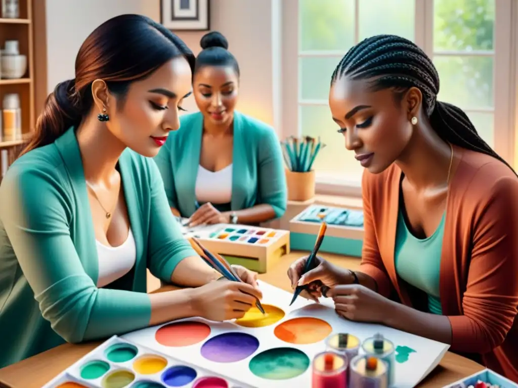 Un grupo diverso se sumerge en actividades de arte terapéutico, rodeado de colores vibrantes y sumergido en creatividad