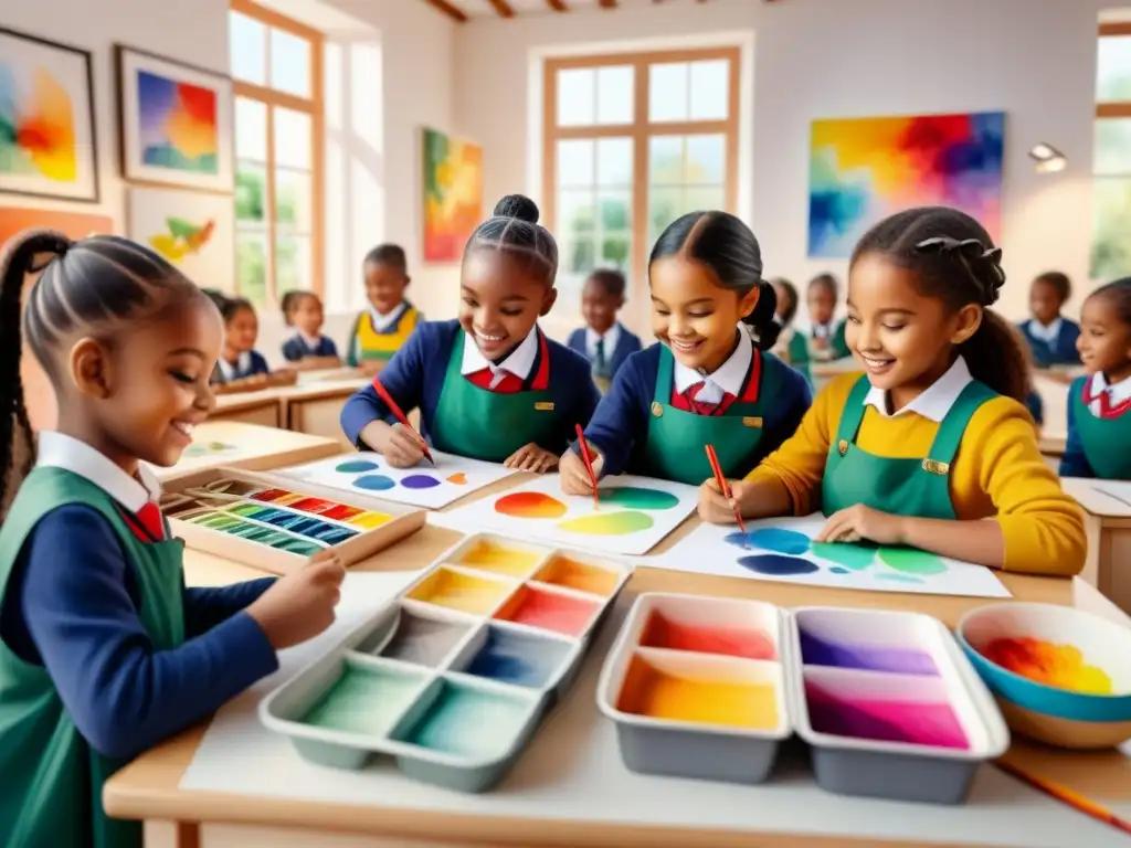 Grupo diverso de alumnos de primaria creando arte juntos en un aula llena de color