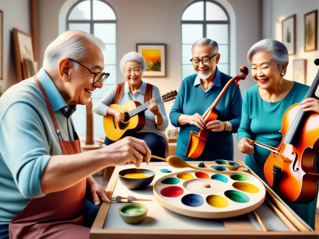 Grupo diverso de ancianos disfrutando del arte en un estudio luminoso y acogedor, expresando alegría y concentración