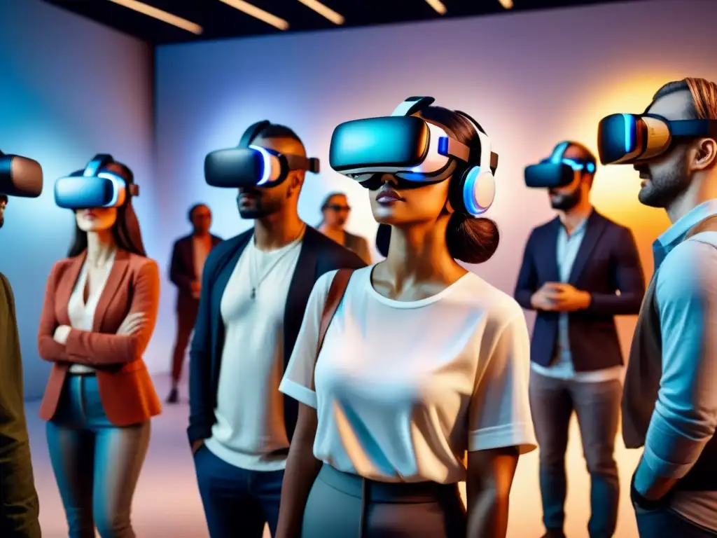 Grupo diverso disfrutando arte inclusivo en expo de realidad virtual