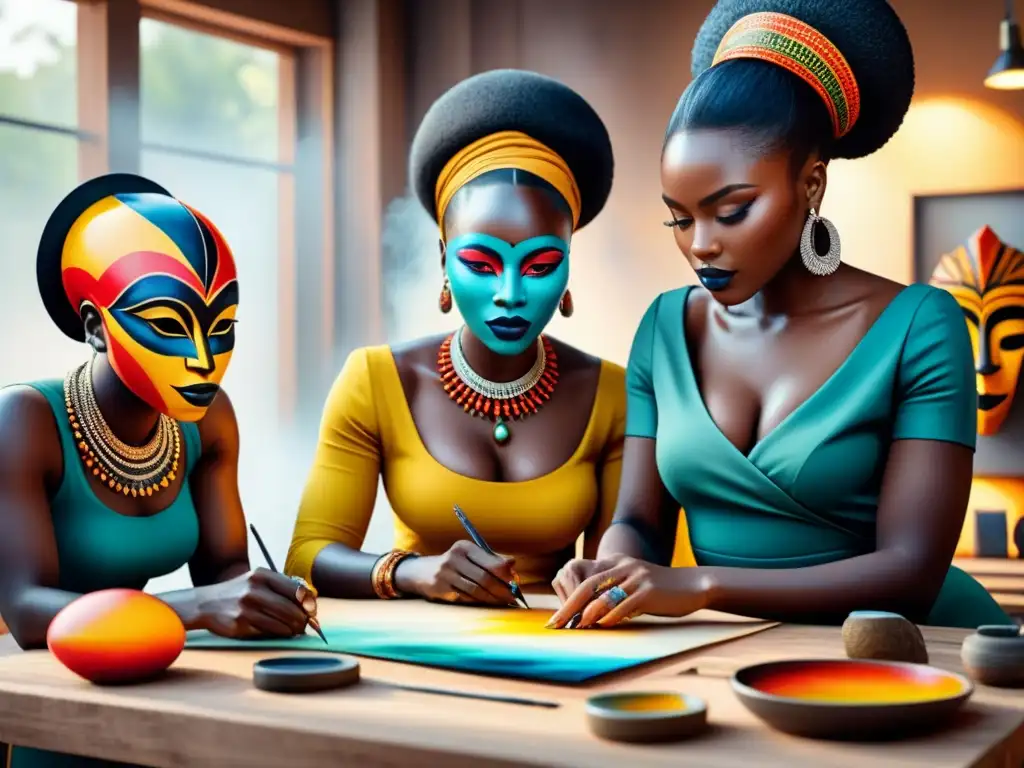 Grupo diverso de artistas africanos contemporáneos creando arte abstracto en un estudio lleno de máscaras y esculturas africanas