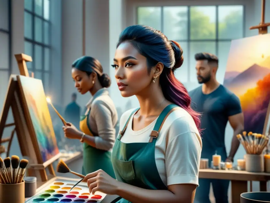 Un grupo diverso de artistas crea galería arte desde cero en estudio vibrante y colorido, inmersos en la creatividad y la emoción